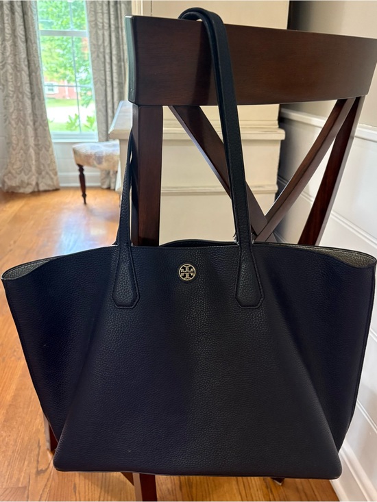Tory Burch Handbags - Tory Burch navy Pebbled Leather Tote with Logo Medallion 
17x11” bottom is 6”